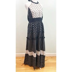 New York & Company Black White Geometric Maxi Cotton Dress XL Bohemian